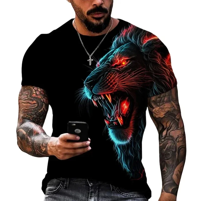 Modisches Löwen-Leoparden-Grafik-T-Shirt für Herren, coole Tier-3D-Print-Shirts, Sommer-Rundhals-Tops, Oversize-Kurzarm-T-Shirts