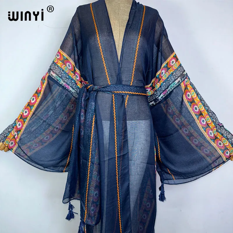 WINYI-Vestido de quimono feminino com cinto automático, encobrimentos de biquíni, impressão de moda retrô, roupas de verão, moda praia, roupa de banho