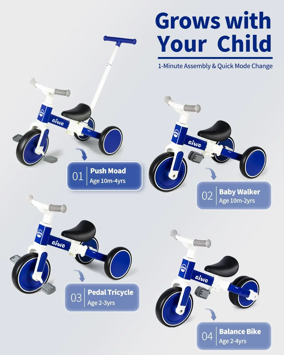 Trójkołowiec 5 in1 dla małych dzieci 1-3, rowerek biegowy dla dzieci w wieku od 1 do 4 lat dla chłopców dziewcząt pierwszy prezent, zabawki do jazdy na rowerze dla małych dzieci w