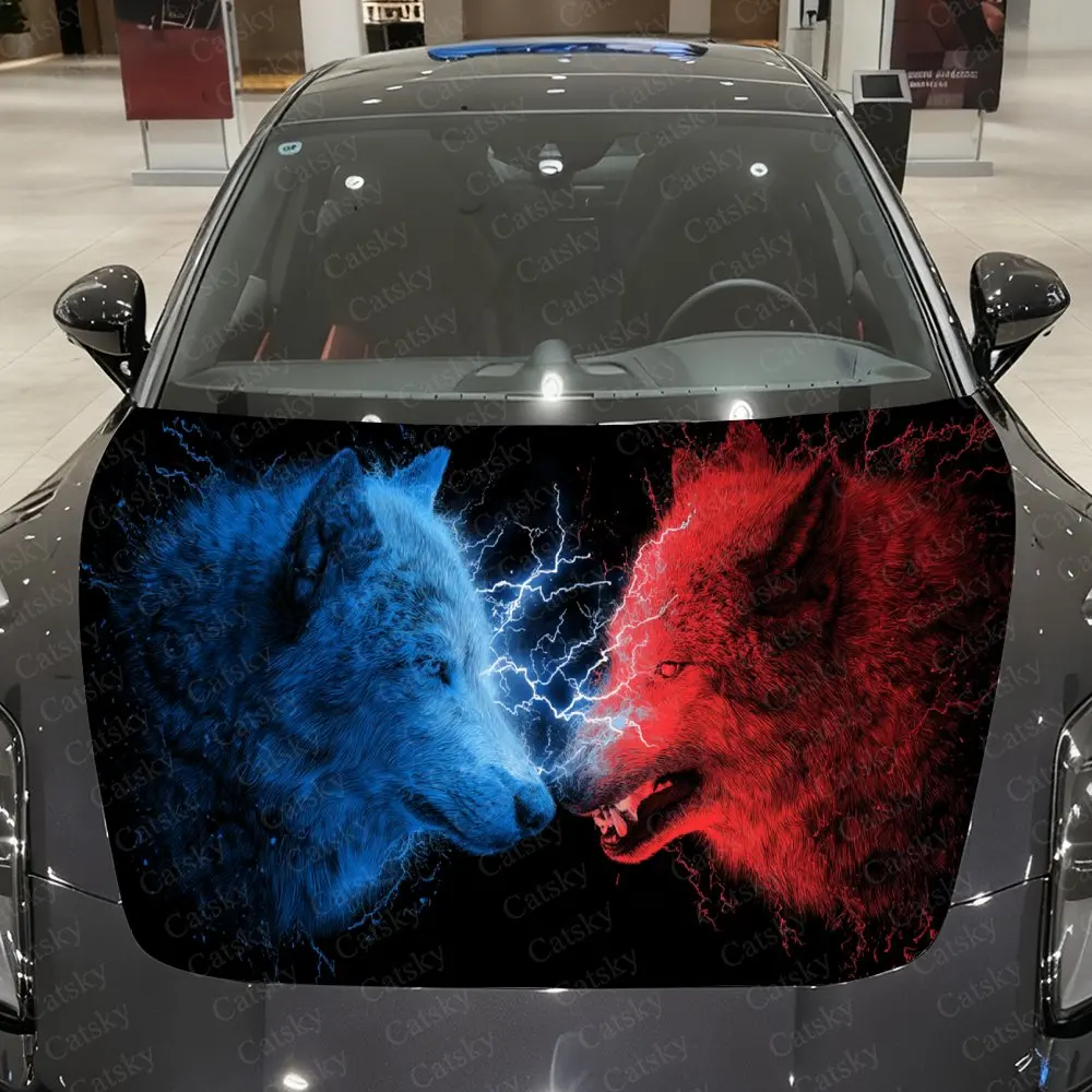 Fierce Red Blue Lightning Wolf Car Hood Sticker,Waterproof Self-Adhesive Vinyl Graphics Decals,Decor Auto Accessories Stickers