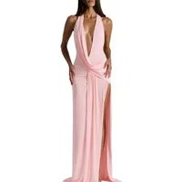 Women Deep V Neck Halter Maxi Dress Backless Ruched High Split Cocktail Party Formal Prom Gown Wedding Guest Dress