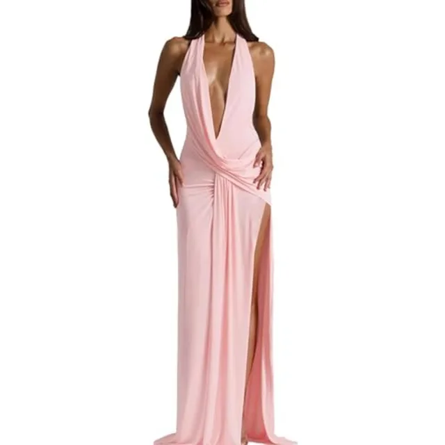 Women Deep V Neck Halter Maxi Dress Backless Ruched High Split Cocktail Party Formal Prom Gown Wedding Guest Dress