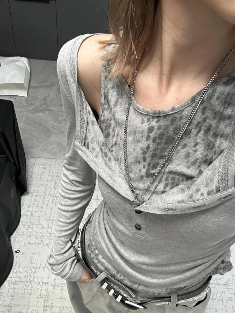 Harajuku Grau Leopard Gefälschte Zwei Stück T-shirt Frauen Herbst Off Schulter Slim Fit Basis Crop Top Vintage Grunge Streetwear