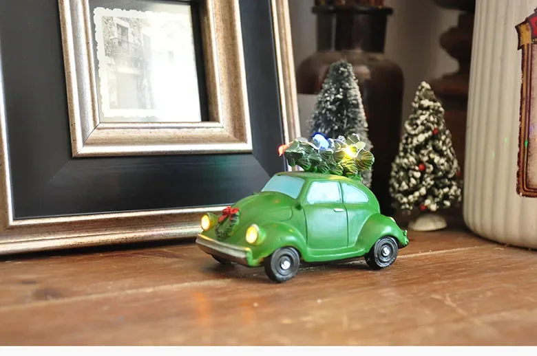 Merry Xmas Glowing Beetle Car with Christmas Tree Resin Christmas Ornaments Home Decorations New Year Gifts