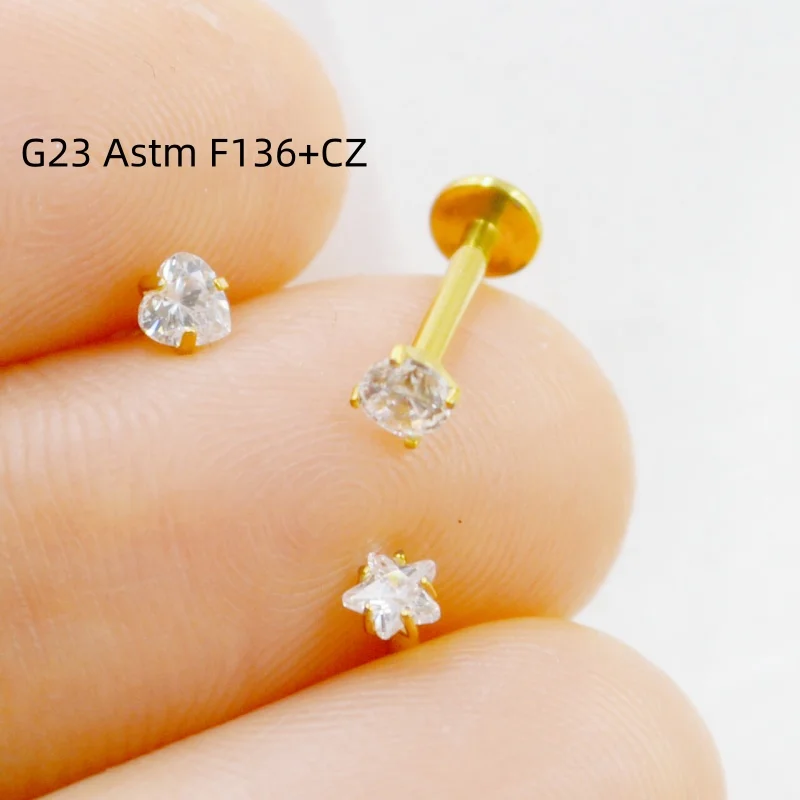 LOT50pcs G23 Titanium Piercing Body Jewelry Heart/Round/Star CZ  Lip Labret Ring Studs Ear Helix Tragus Cartilage Bar