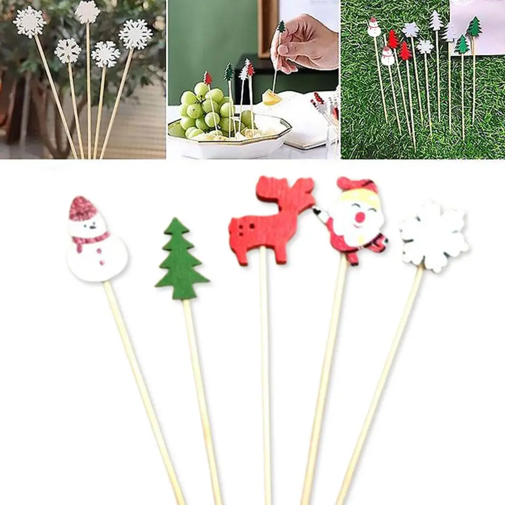 

50/100PCS Christmas Bamboo Skewers Disposable Food New Fork Fruit Toothpicks Supplies Year Decoration Party Dessert Salad S3Y3