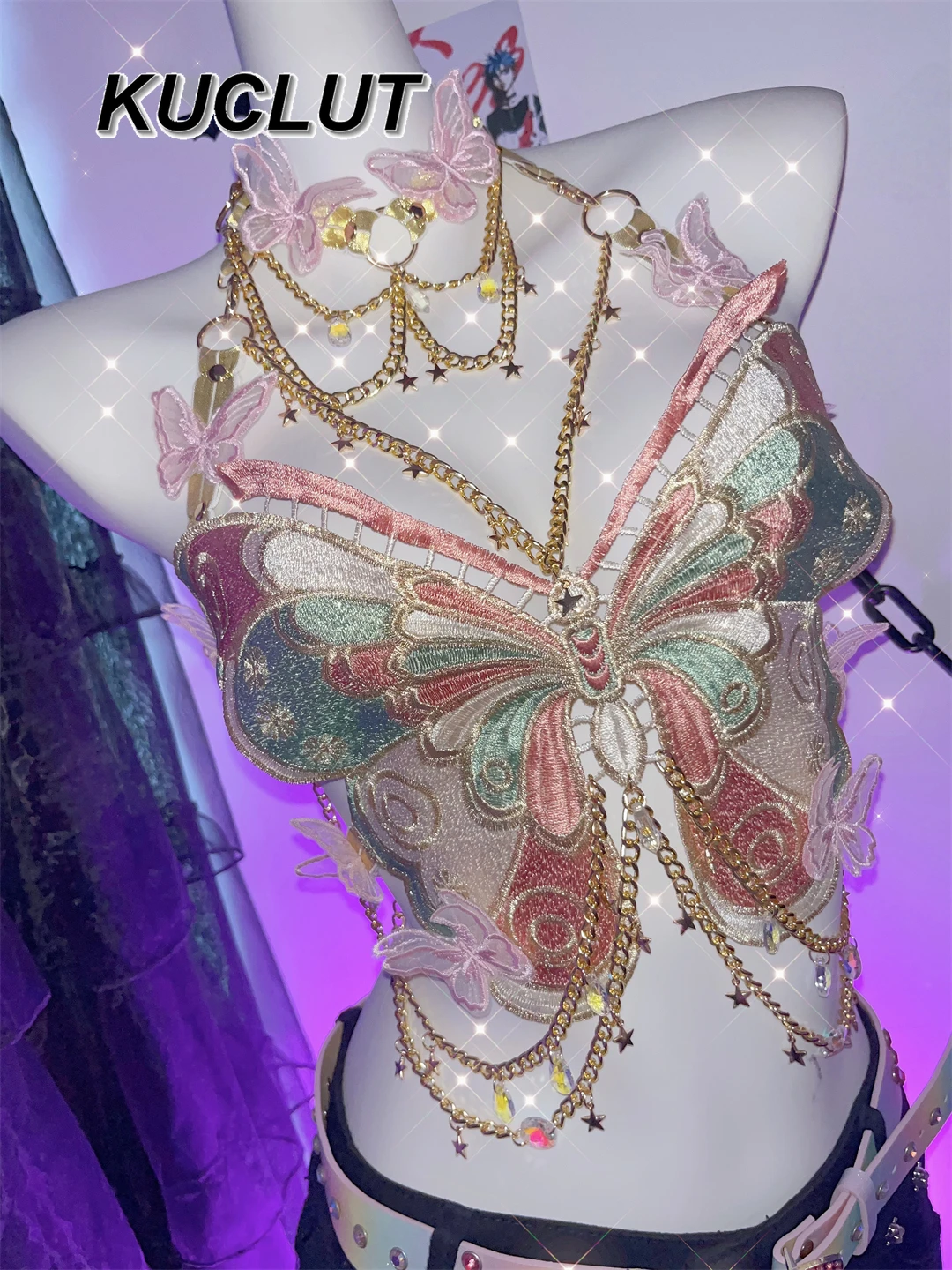 

Летние сексуальные топы для женщин, топы на бретелях в стиле панк Y2k, женские топы с вышивкой бабочкой и металлической цепочкой, женская майка, новинка 2023 г.