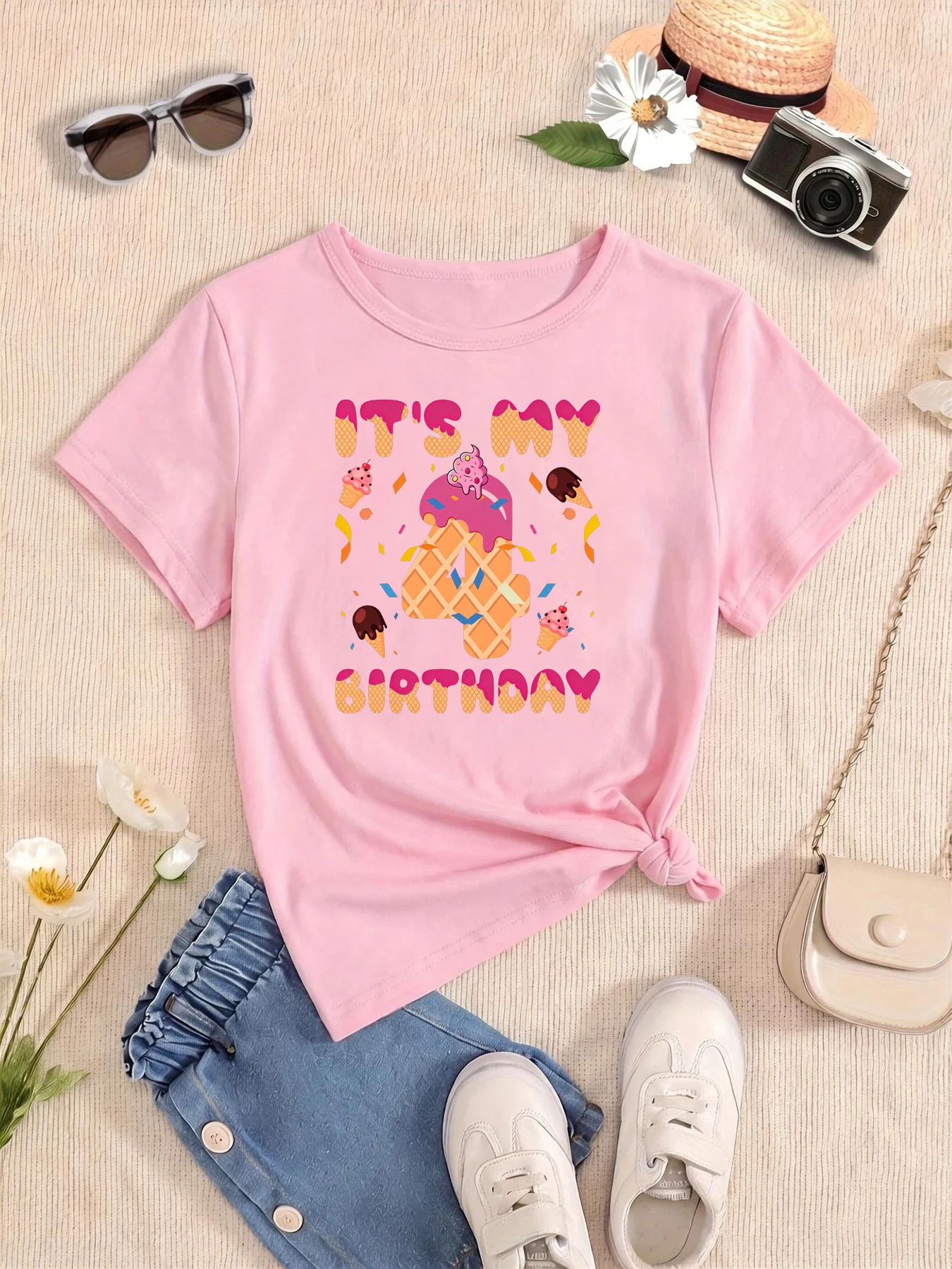 It Is My 4th Birthday Ice Cream Printed T Shirt Girls The Best Birthday Gift T-Shirt Kawaii Kids Clothes Summer T-Shirt