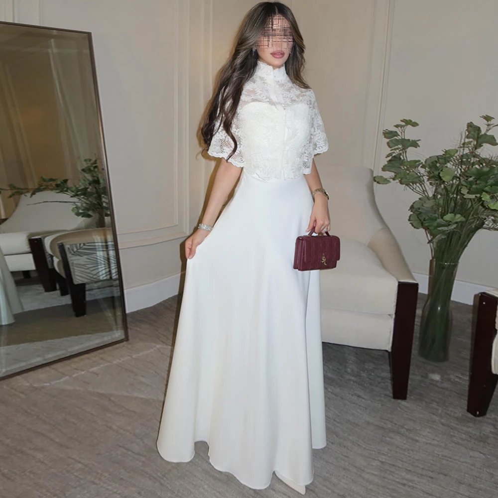 

Exquisite White Jersey Evening Dress Classic Lace High Collar Homecoming Dresses Fashion Sashes Customized Celebrity Gowns