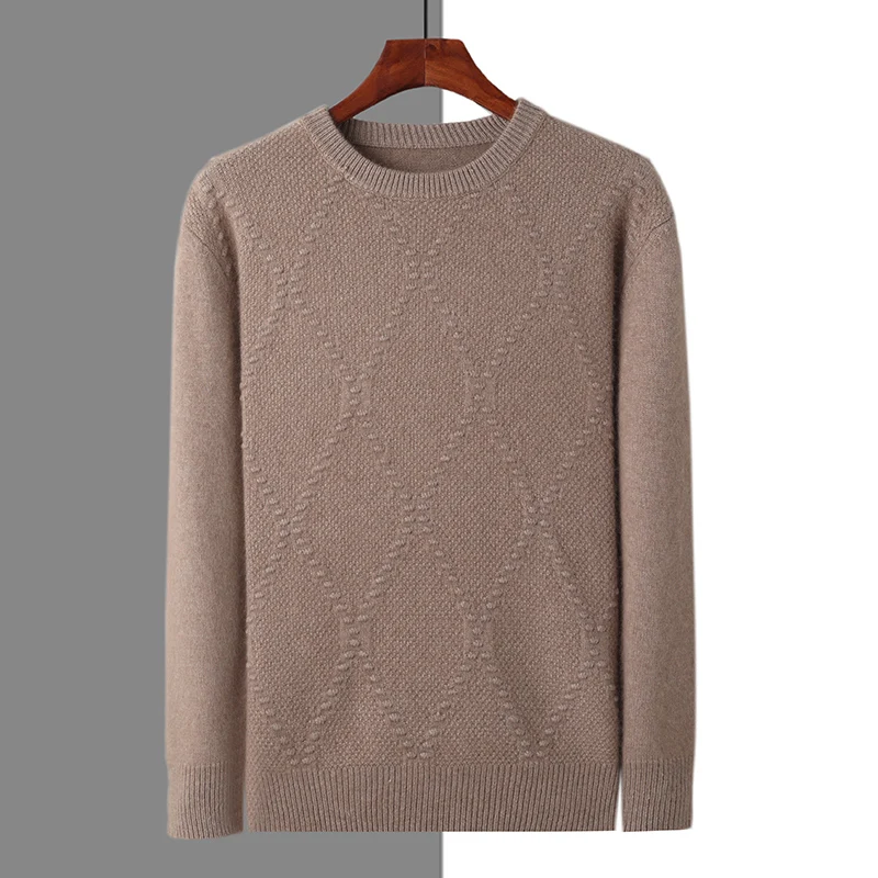 Men's 100% pure mink cashmere sweater O-neck pullover jacquard sweater autumn and winter new long-sleeved shirt