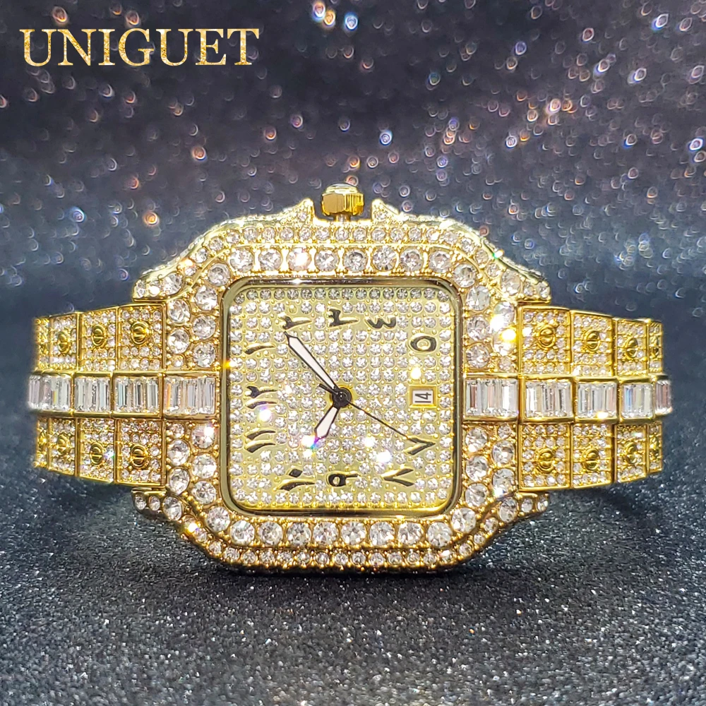 Men\'s Watches Glistened Diamond Gold Plated Band with Rectangular Zircon Iced Quartz Watch For Male Luminous Point Hand Clock