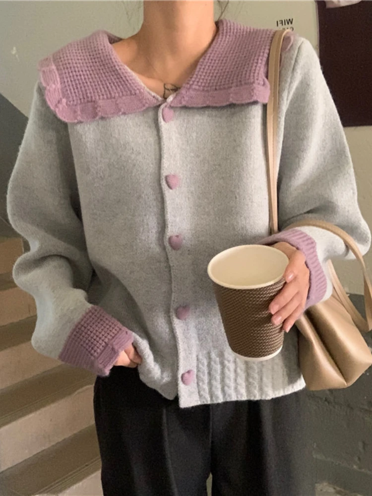 Korean Fashion Sweet Cardigan Women Chic Peter Pan Collar Heart Button Hit Color Long Sleeve Knitted Sweater Coat Cute Loose Top