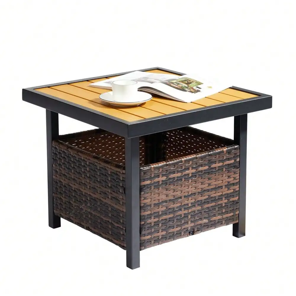

Outdoor Patio Wicker Storage Space Side End Table with Umbrella Hole Brown/Gray