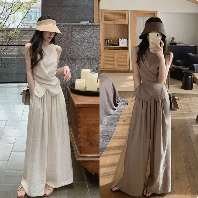 

Korean Backless Two-piece Women's Montage Y2K Lace Up Hanging Neck Vest Sexy Sleeveless Top Women's Wide Leg Pants 2Pcs Set New