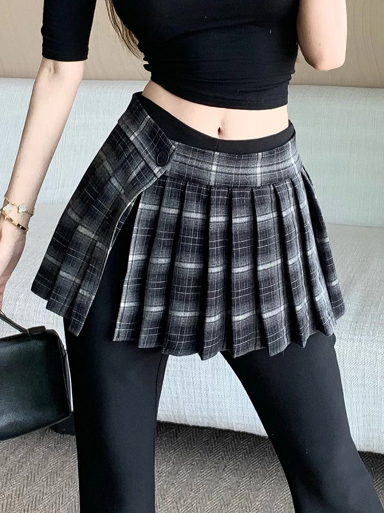 Retro plaid micro flared skirt women's autumn fake two piece high waisted casual slimming floor dragging flared pants
