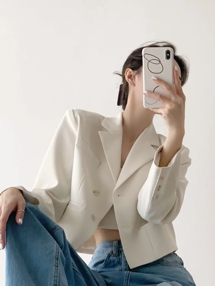 Spring Sexy Cropped Blazer Women Elegant Slim Long Sleeve Suit Coat Korean Fashion Sweet Female All Match Solid New Jacket Tops