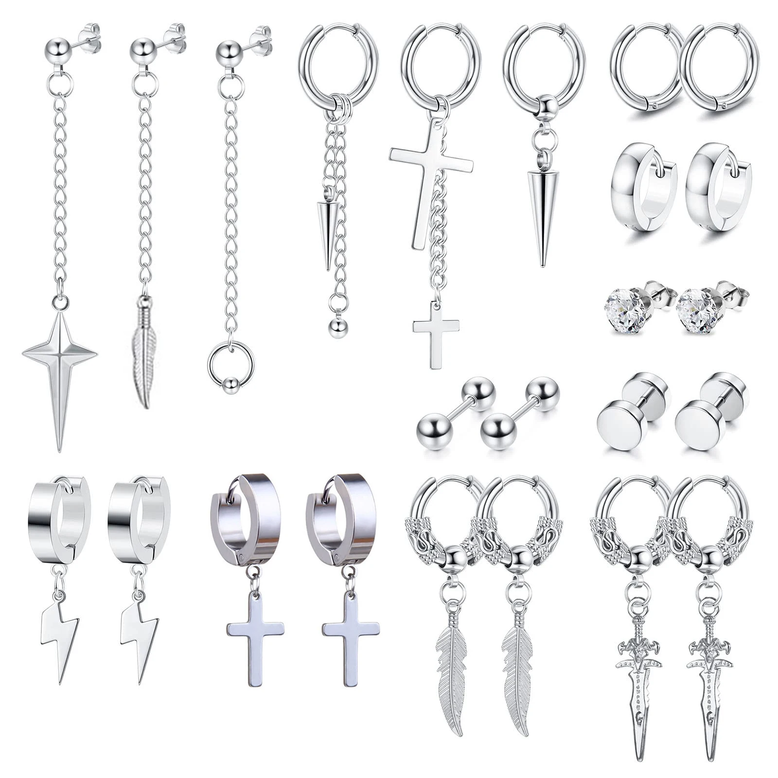 

24Pcs Stainless Steel Mens Hoop Earrings Cross Dangle Earrings Set Long Chain Stud Dangling Huggie Earrings for Men Women