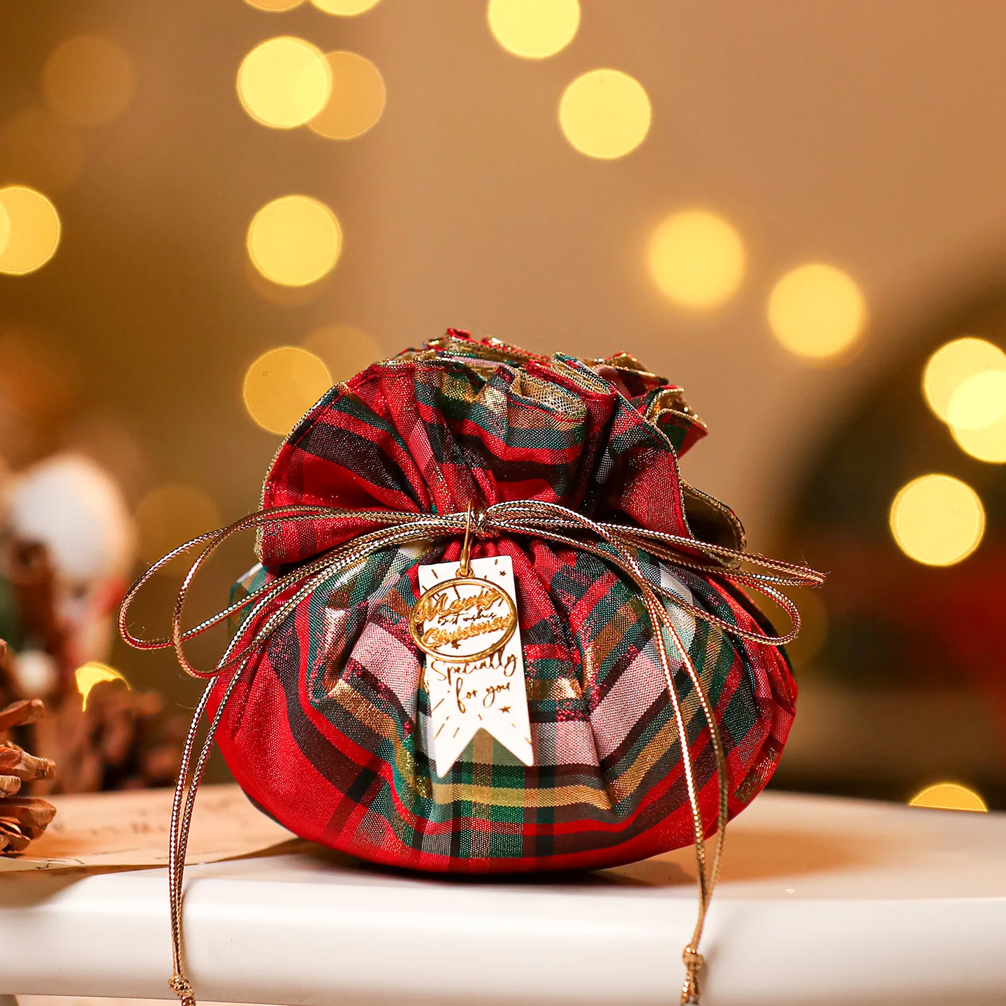 Wine Red Plaid Christmas Gift Bag Portable Drawstring Candy Bags Apple Box Cookie Biscuit Packaging Bag New Year Party Supplies