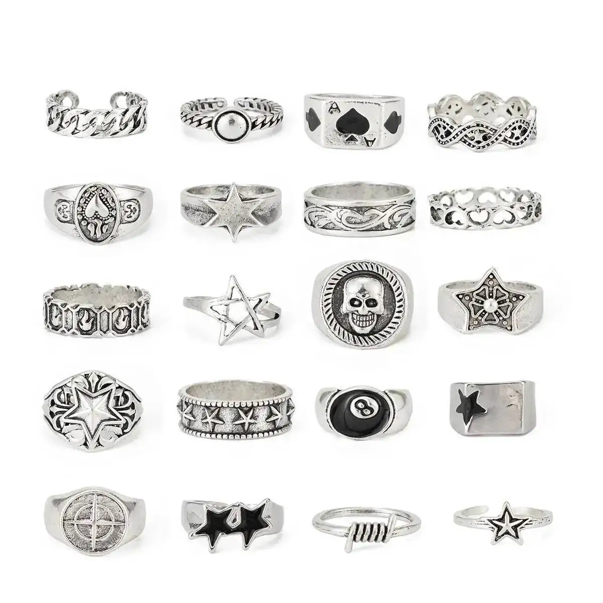 KunJoe 20Pcs/Set Punk Geometric Stars Rings Men Hip Hop Stackable Silver Color Knuckle Rings Set Fashion Jewelry  Accessories