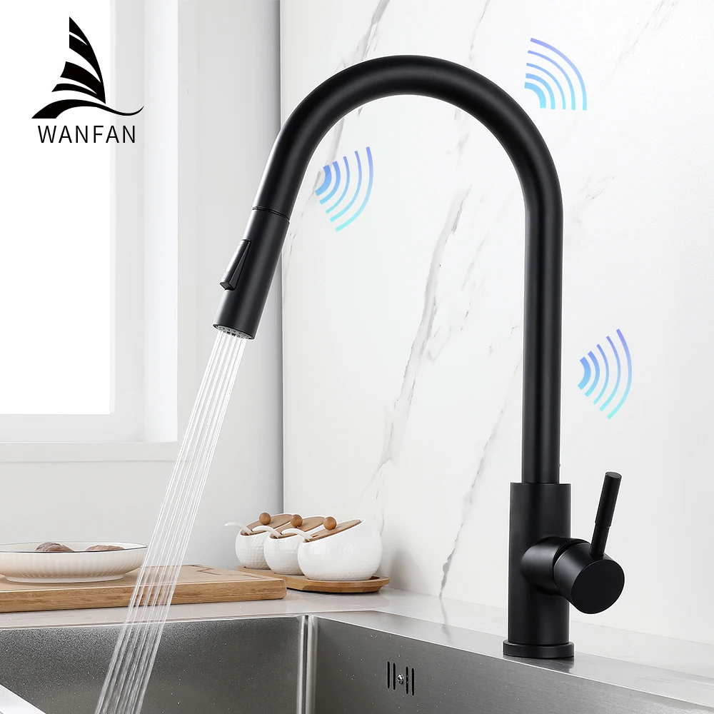 Smart Touch Kitchen Faucet Black Pull Out Sensor Faucets Black/Nickel 360 Rotation Crane 2 Outlet Water Mixer Taps