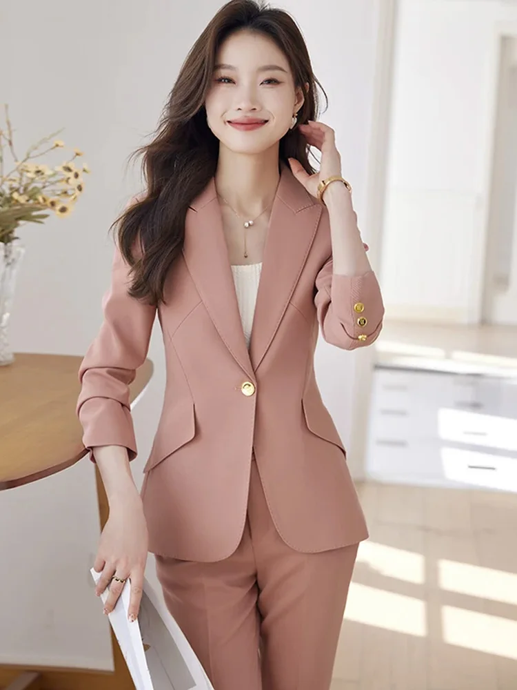 High Quality Pink Apricot Black Purple Ladies Pant Suit Women Female Work Wear Formal Jacket Blazer and Trouser 2 Piece Set