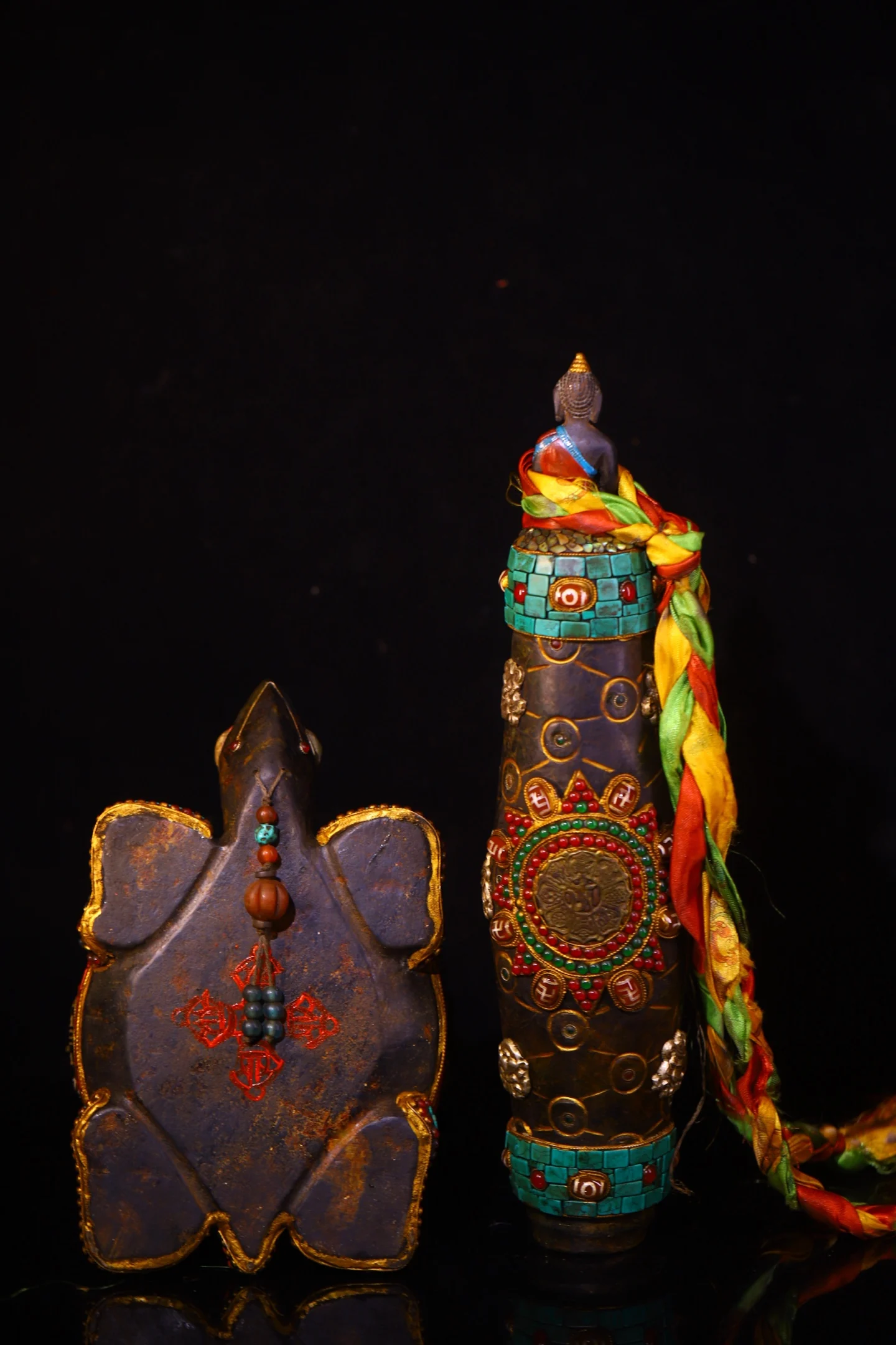 Natural Meteorite Painted Mosaic Gem gZi Beads Turquoise Six-Syllable Mantra  Shakyamuni Buddha Beads Turtle base Worship Hall