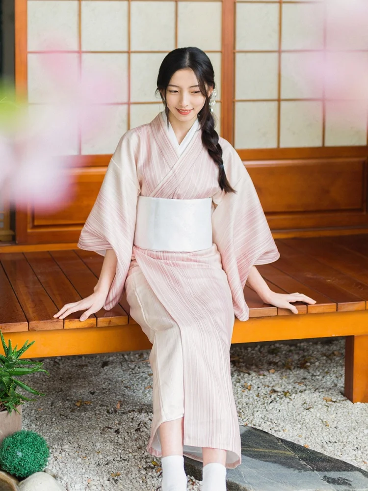 

Japanese Women Formal Kimono Pink Color Stripe Pattern Yukata Set with Obi Non Wrinkle Photography Dress Cosplay Costume