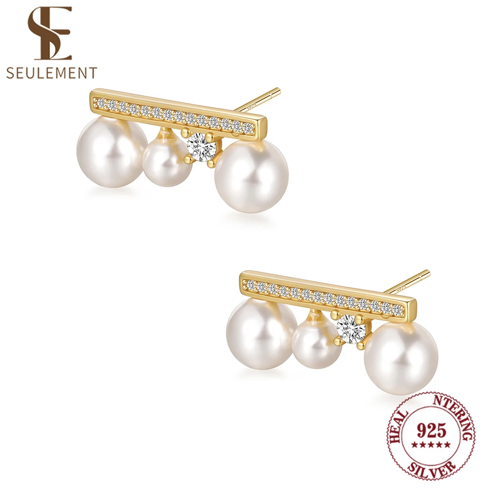 

Seulement 925 Sterling Silver Female Luxury Pearl Stud Earrings for Women Vintage Jewelry Balance Beam Earring Accessories