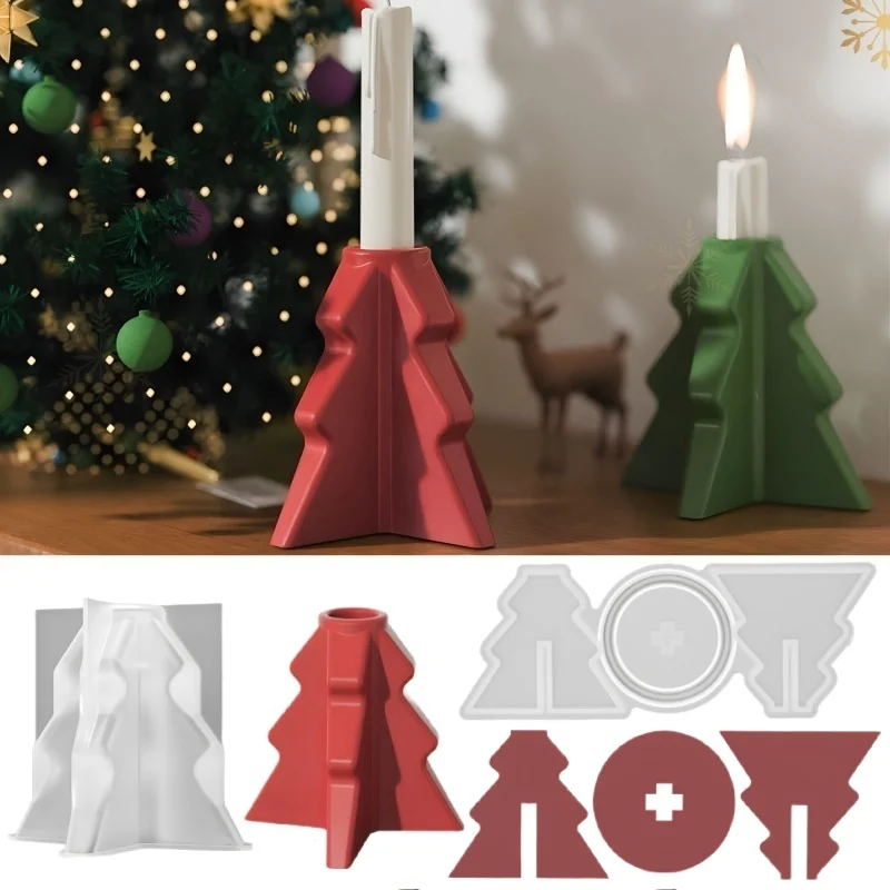 Christmas Tree Shape Candlestick Silicone Mold Handmade Splicing Candle Holder Cement Plaster Molds DIY Home Decor Resin Mould