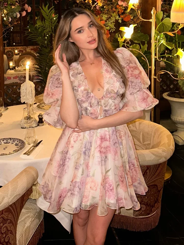 

Female Elegant Pink Printed Ruffled Mini Dress Chic V-neck Semi-bubble Sleeve 2025 New Summer New Ladies' Party Commuter Gown