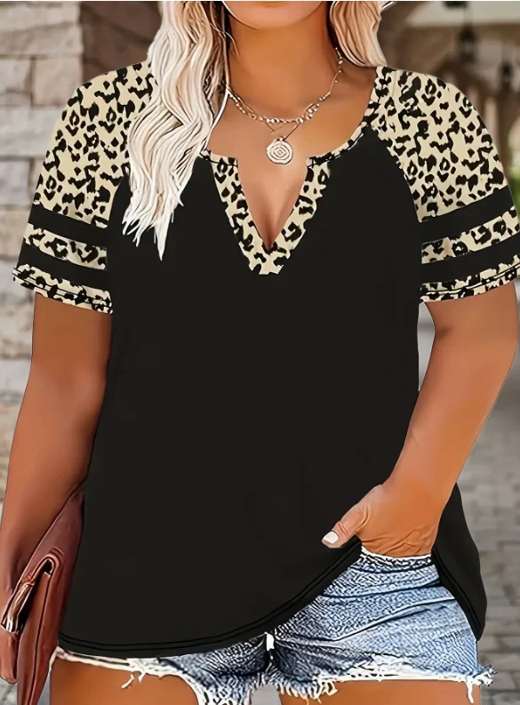 T-shirt à manches longues pour femmes, confortable et décontracté, col en v, imprimé léopard, fin, grande taille, printemps transfrontalier européen et américain