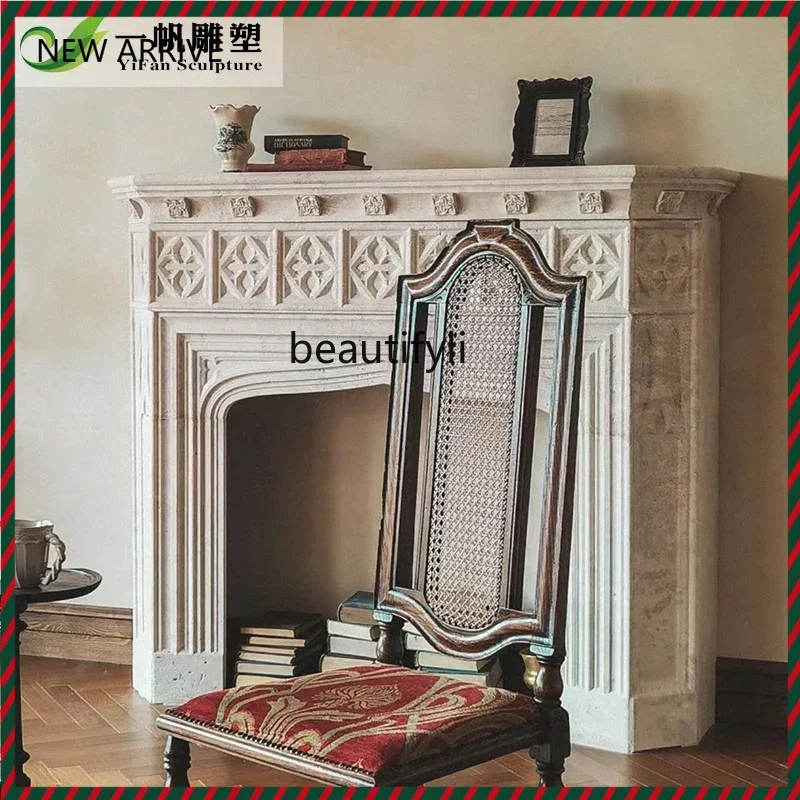 

KK32 Marble fireplace French light luxury decoration living room flame European stone fireplace white stone carving mantel