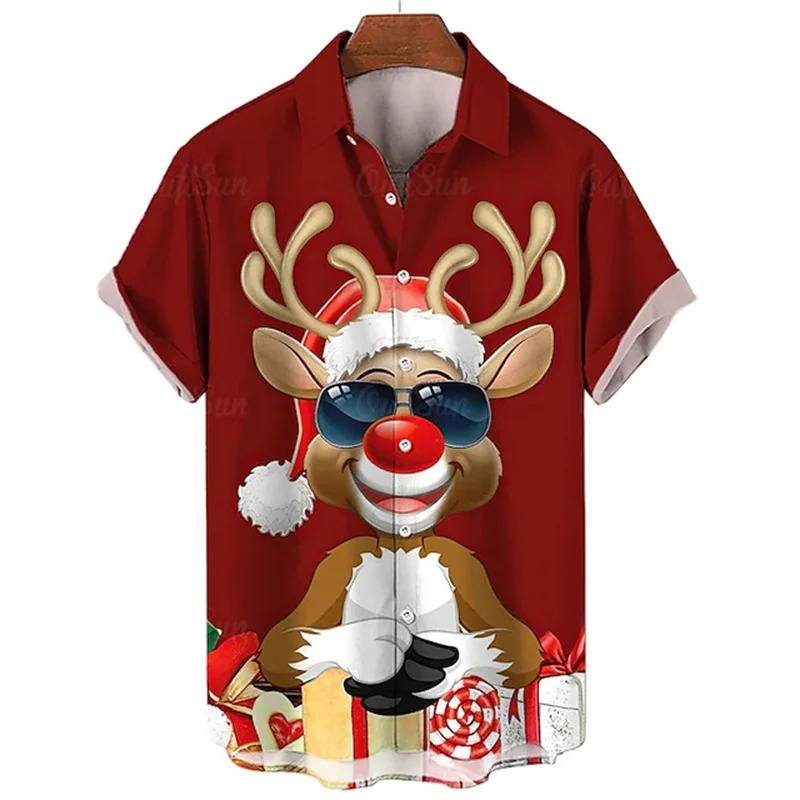 

Christmas Men's Christmas Animal Print Shirt Santa Elk Casual Outdoor Street Autumn Lapel Short Sleeve Burgundy Red