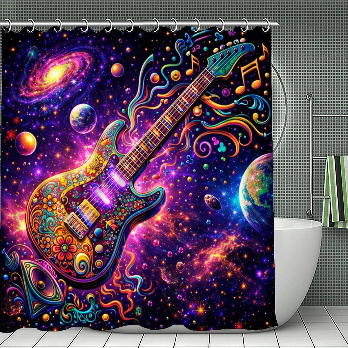 Psychedelic Guitar Shower Curtain, Colorful Galaxy Space Print Bath Screen, Waterproof Polyester Fabric Music Bathroom Decor