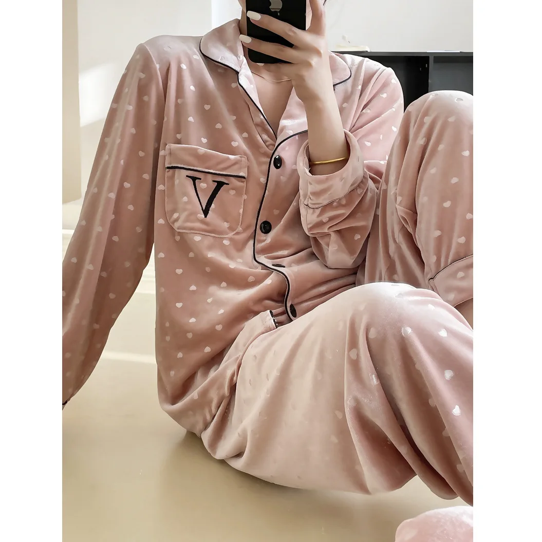 Warm Velvet Pajamas Set Long Sleeve Homewear Lady Elegant 2Pcs Top&pants Autumn Winter New Sleepwear Print Love Pyjamas Suit