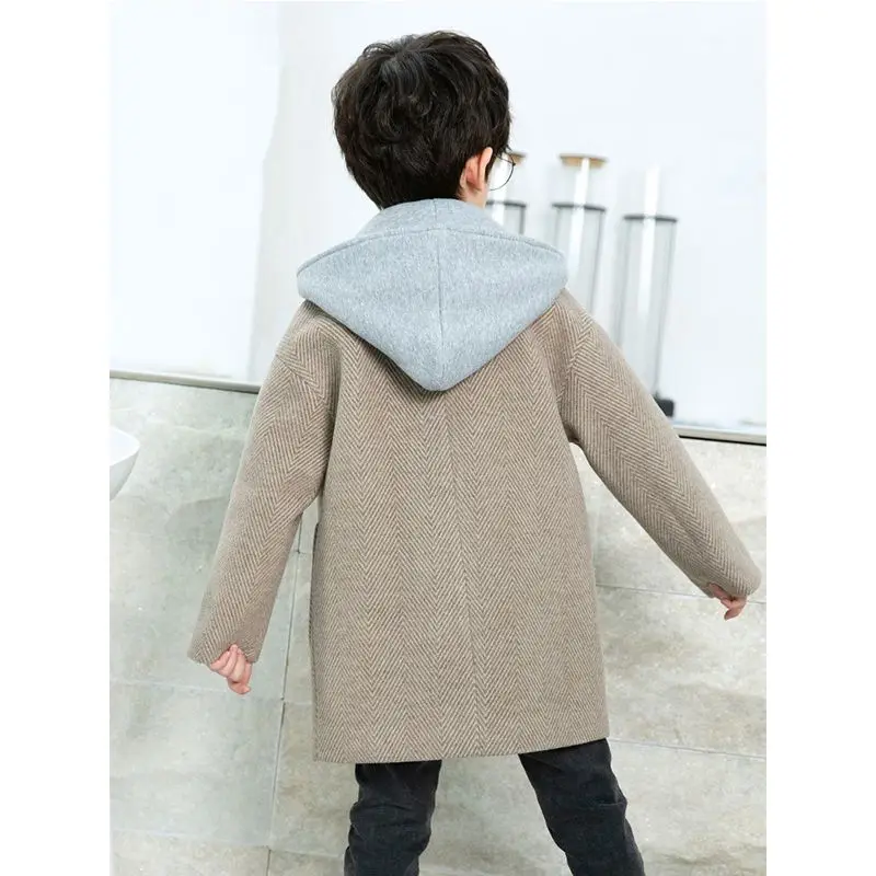 Boys Woolen Coat For Autumn Winter Fashion Hooded Patchwork Plus Cotton Warm Single Breasted Kid Clothes Outerwear Wool & Blends