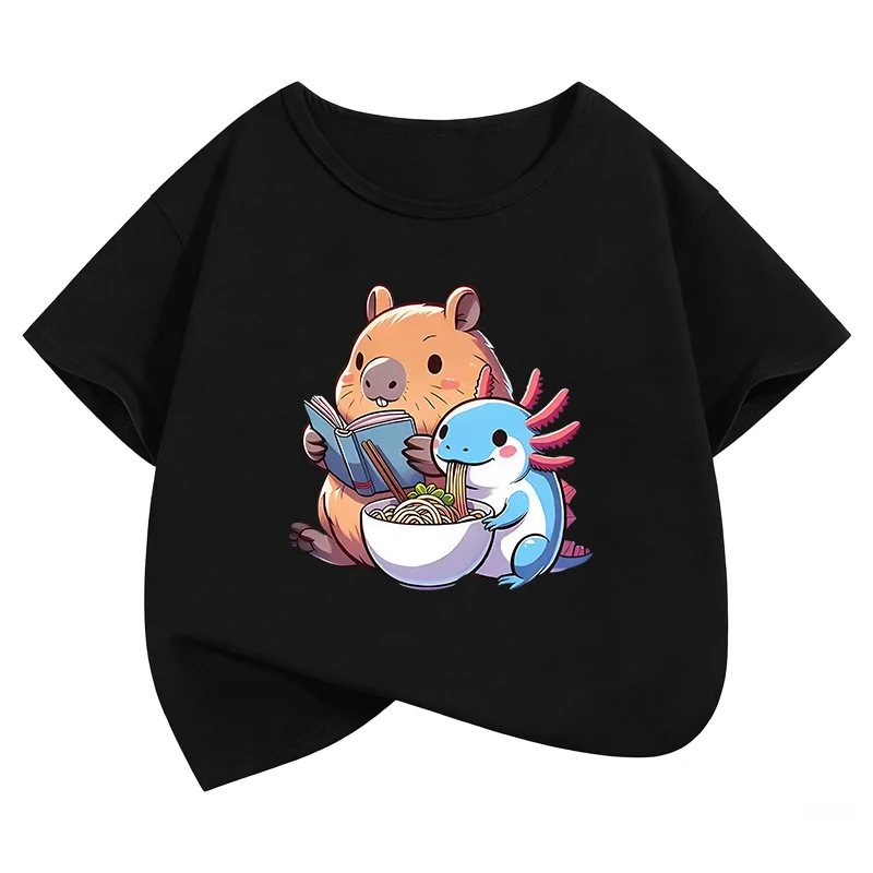 Kawaii Anime Capybara Lustige T-Shirts Manga Kinder T-Shirt Jungen Mädchen Sommer Frühling Lässiges Oberteil T-Shirt
