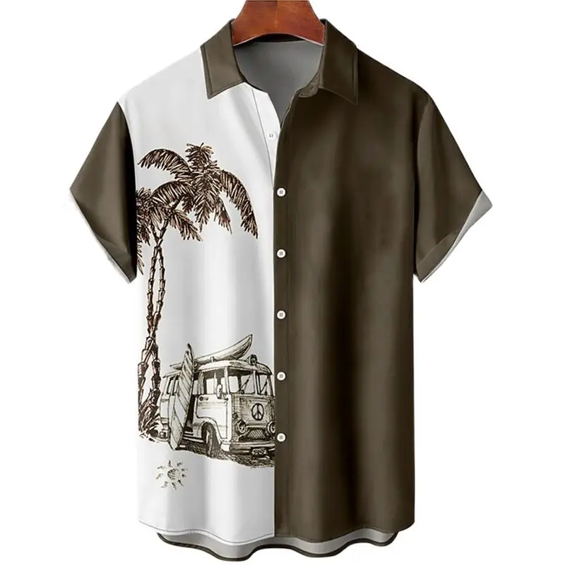 Summer Hawaiian Shirt Men Coconut Tree Printed For Men Holiday Beach Short Sleeve Tops Vintage Clothes Oversized Blouse Streetwe