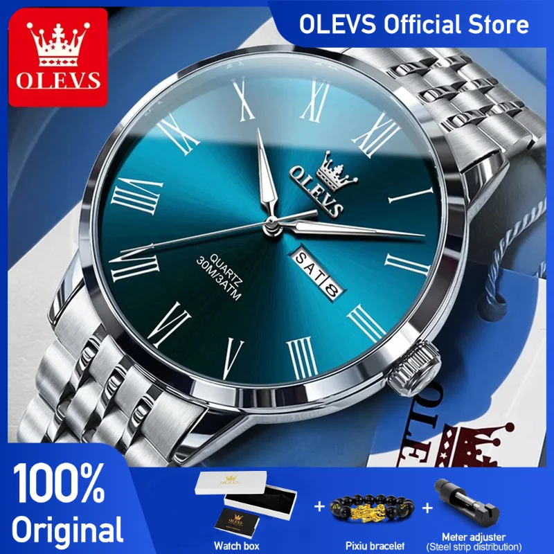 OLEVS 3633 reloj de hombre de negocios simplemente Original reloj de cuarzo para hombre impermeable luminoso de acero inoxidable pantalla de calendario Dual