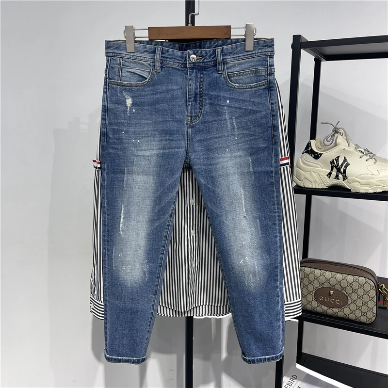 

Men's Slim Fit Blue Waed Denim Jeans Small Ripped Elastic Cotton Polyester Blend Casual Straight Leg Jeans Autumn New Arrival