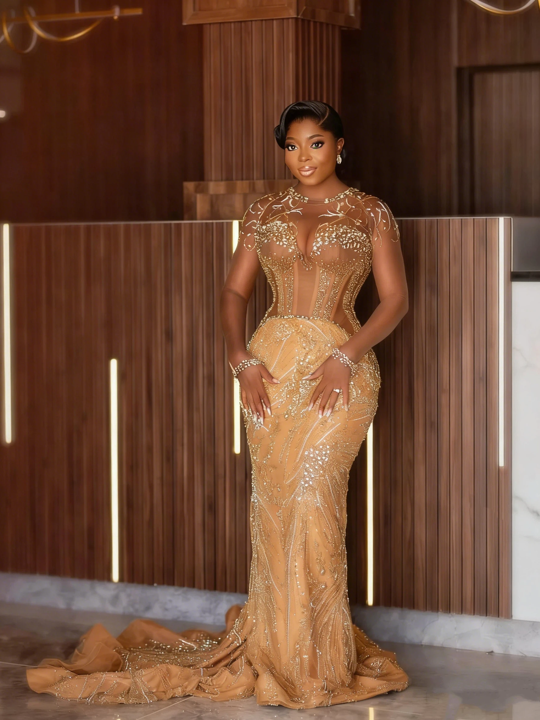 Luxury Gold Beaded Mermaid Evening Dress For Women Sheer Long Sleeve Formal Prom Gown African Party Wedding Dress Customized image 2