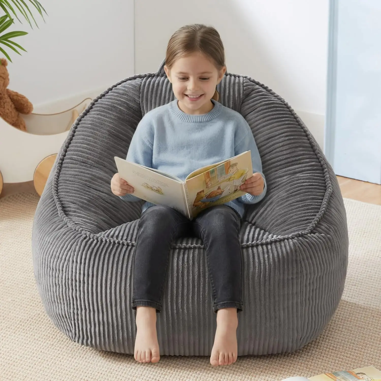 Kids Bean Bag Chair, Comfy Reading & Gaming Floor Sofa for Boys and Girls, Soft Toddler Seat in Grey