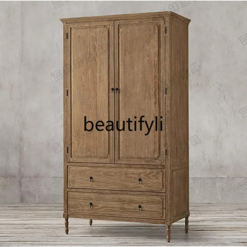 

American Style Solid Wood Antique Double Door Wardrobe French Vintage Oak Two Door Storage Drawer Cabinet