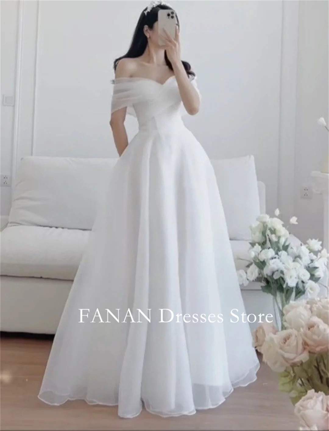 

FANAN Korea Off Shoulder Ruched Ivory Organza Wedding Dresses 웨딩드레스 Customized Princess Corset Bride Gowns Plus Size