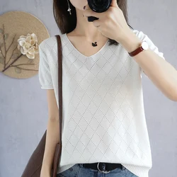 Summer new women's T-shirt 100% cotton casual pure color knitted sweater short-sleeved V-neck women's top loose fashion T-shirt