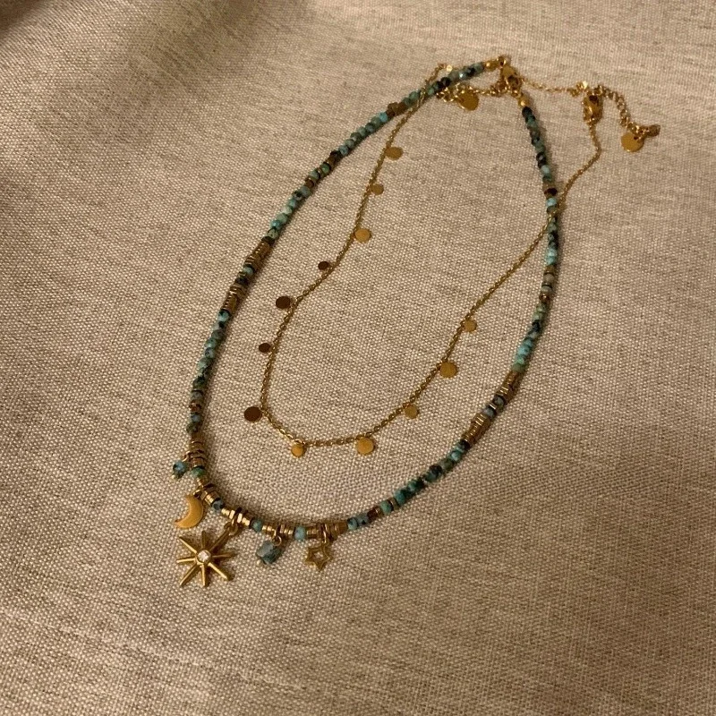 Collar Retro multicapa con cuentas de estrella y Luna para mujer, gargantilla de lujo de Color dorado, cadenas, joyería de fiesta