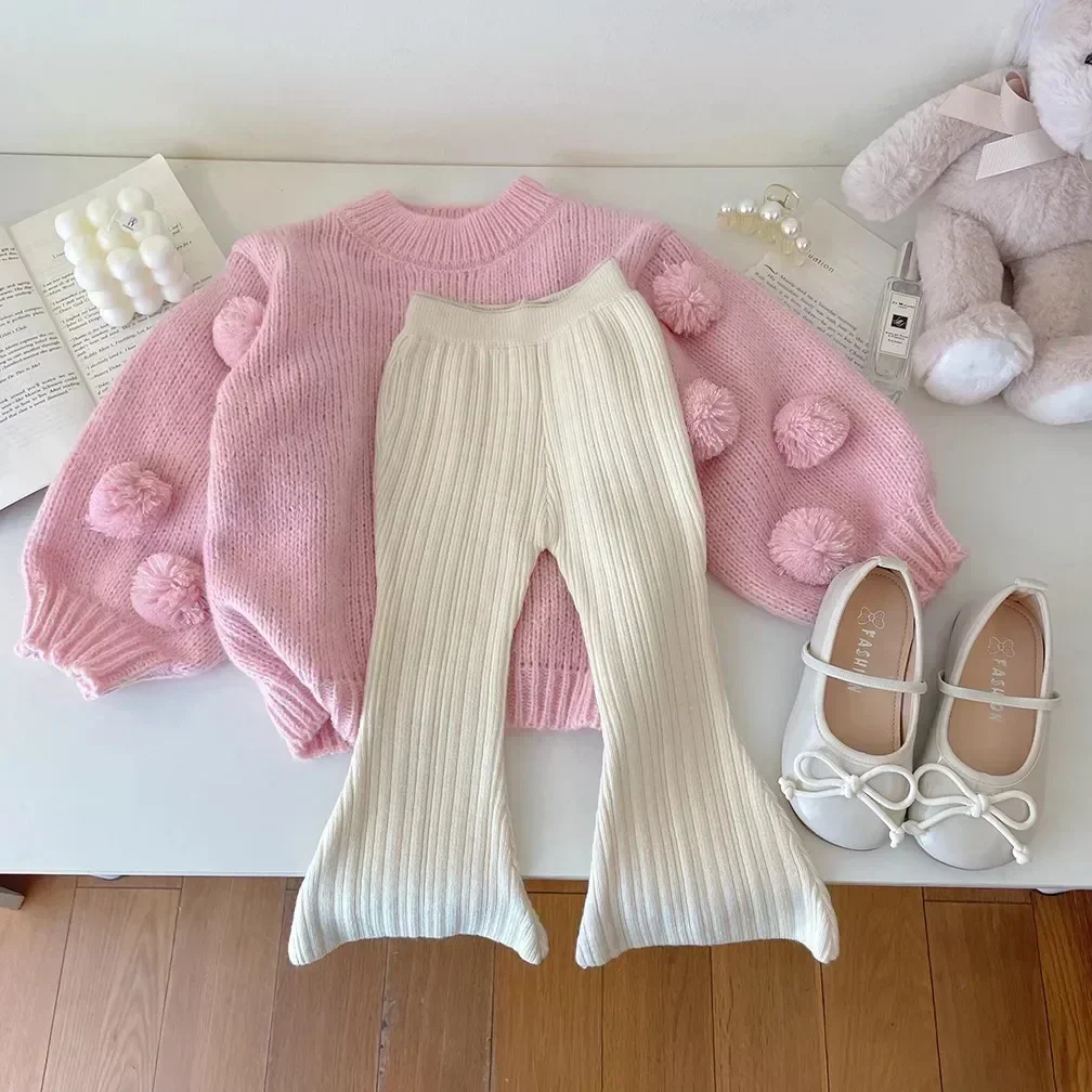 Children Clothes Autumn and Winter Girls Wool Pants Fashionable Knitted Bell Bottoms Or Ball Knitted Sweater Tops