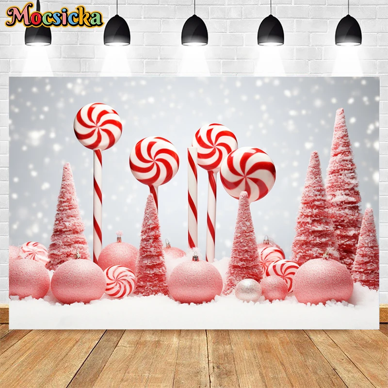 Mocsicka Winter Xmas Backdrop Snowy Christmas Tree Candy Decor Children Portrait Birthday Party Studio Photography Background