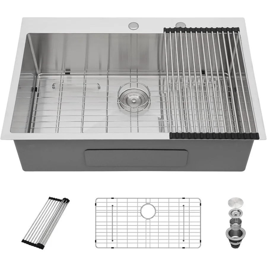 

33x22 Вставная кухонная мойка, калибр 16, раковина из нержавеющей стали, верхнее крепление, одна чаша, над столешницей, раковина с круглым углом, 33x22x