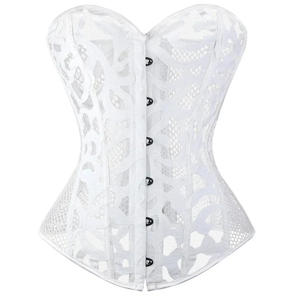 

Women Sexy Transparent Mesh Breathable Corset Overbust Shaper Corselet Hollow Out Waist Bustier Top White Black